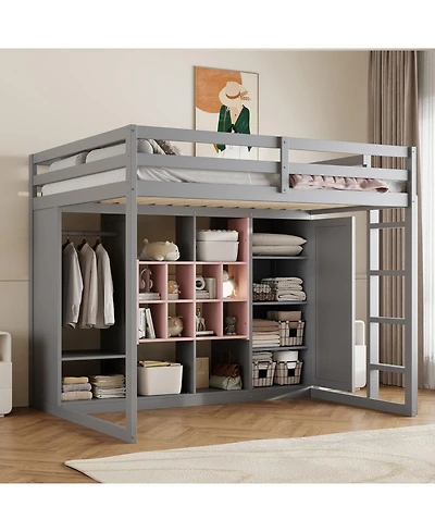 Streamdale Furniture Full Size Wood Loft Bed with Wardrobe, shelves and Cabinet, Gray+Pink