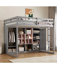 Streamdale Furniture Full Size Wood Loft Bed with Wardrobe, shelves and Cabinet, Gray+Pink