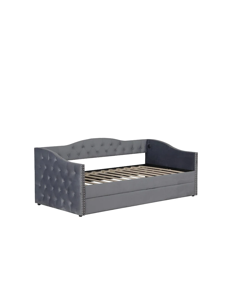 Streamdale Furniture Twin Upholstered Daybed with Trundle, Usb, Velvet