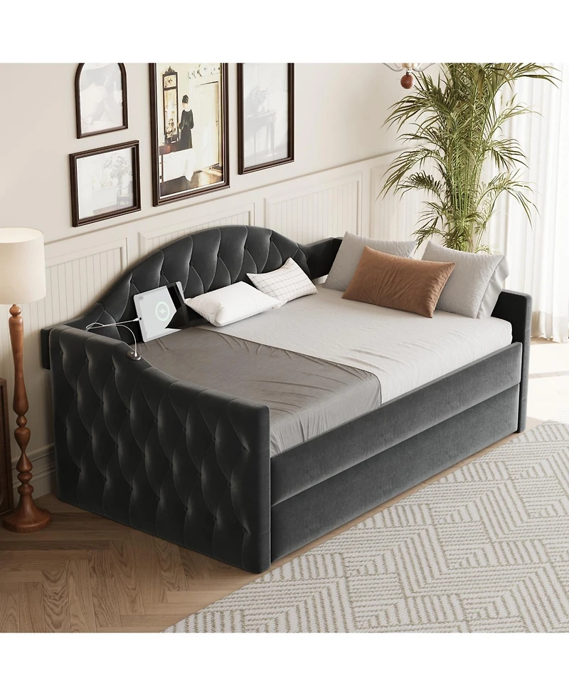 Streamdale Furniture Twin Tufted Velvet Daybed with Trundle, Usb Ports, Black