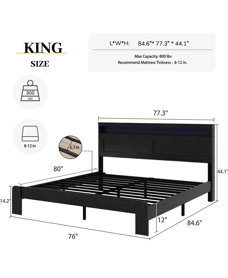 Streamdale Furniture King Bed Frame with Led Headboard & Usb Ports