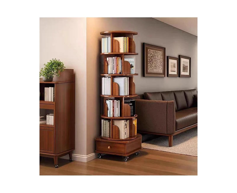 Streamdale Furniture Rotating Bookshelf 360 Corner Bookcase with Wheels, Walnut Brown