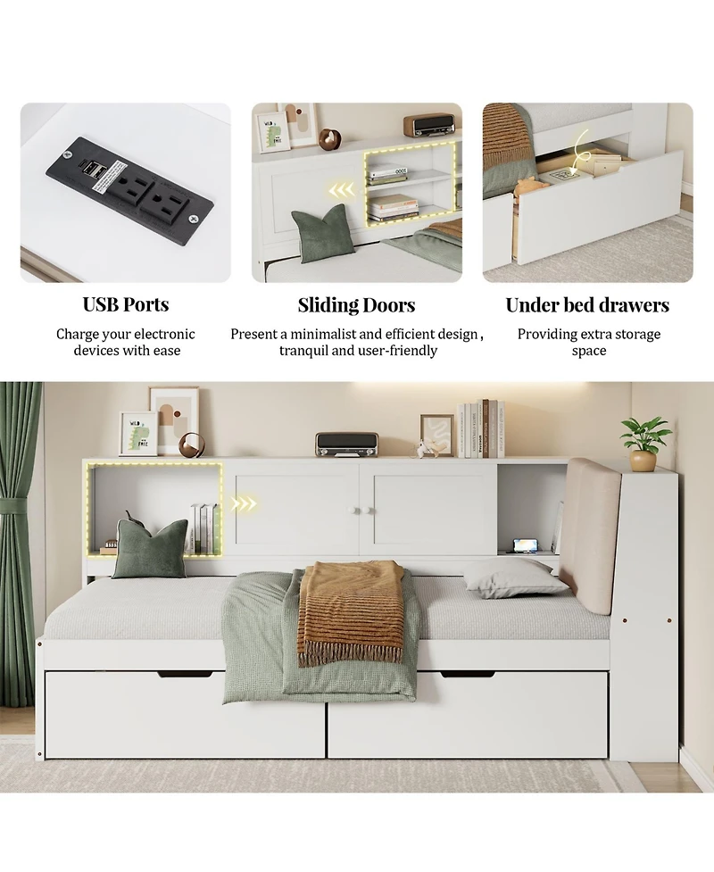 Streamdale Furniture Wooden Twin L-Shaped Daybed with Storage, Bookcase & Usb, White