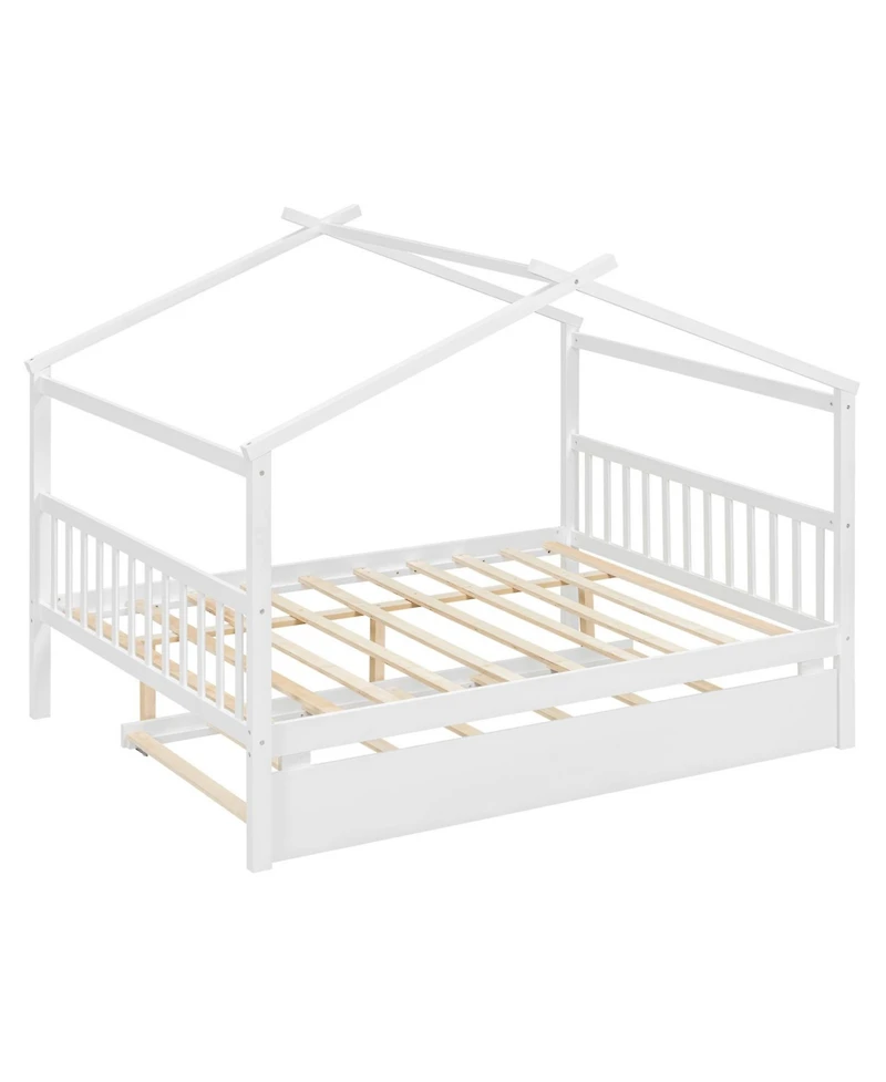 Streamdale Furniture Full Size Wooden House Bed with Twin Size Trundle, White