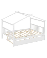 Streamdale Furniture Full Size Wooden House Bed with Twin Size Trundle, White