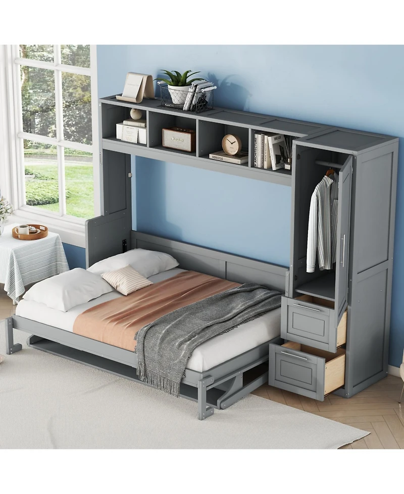 Streamdale FurnitureFull Size Murphy Bed Wall Bed with Closet and Drawers,Gray