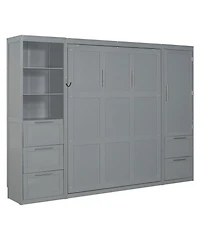 Streamdale Furniture Queen Murphy Bed with Closet, Drawers & Shelves - Gray