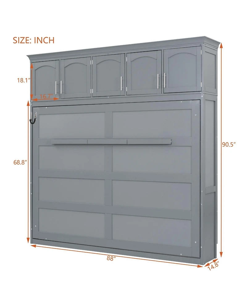 Streamdale Furniture Queen Size Murphy Bed Wall Bed with Top Cabinets,Gray