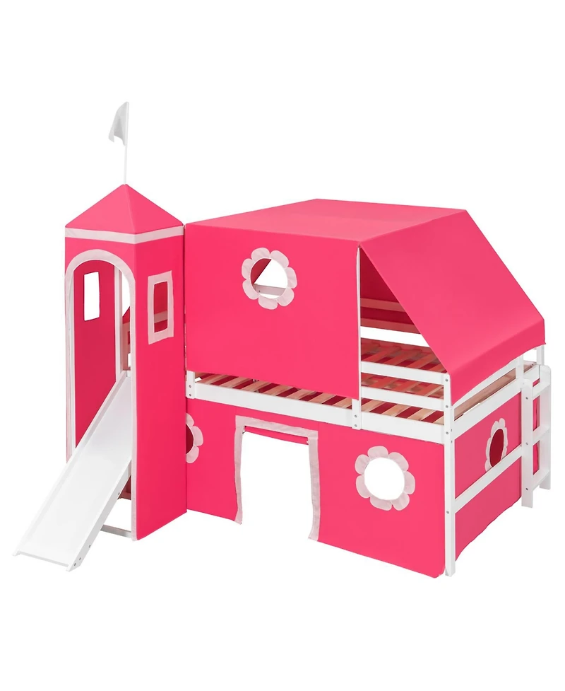 Streamdale Furniture Full Size Loft Bed with Slide Pink Tent and Tower - Pink