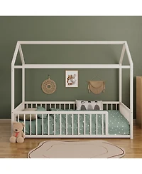 Streamdale Furniture Twin Montessori Metal Floor Bed Frame, House Bed with Fence, Easy Assemble, Black