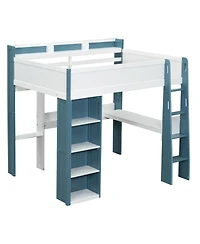 Streamdale Furniture Wood Loft Bed w/ Storage, Shelves, Desk, Rails - White/Blue