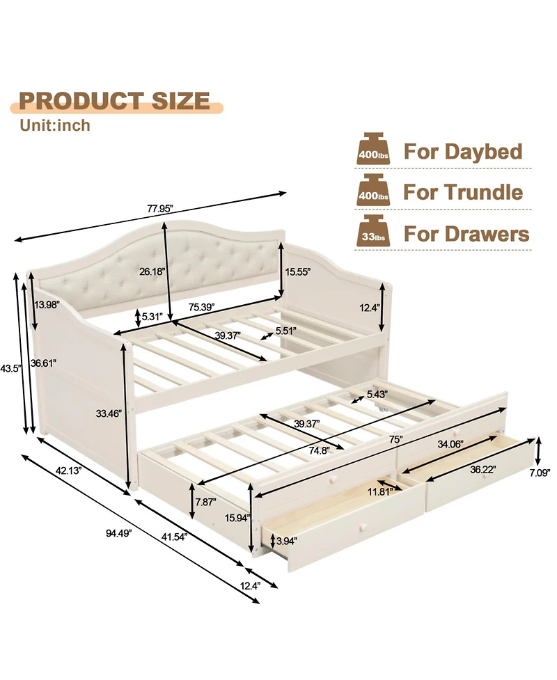 Streamdale Furniture Twin Daybed with Trundle & Storage, Upholstered Backrest