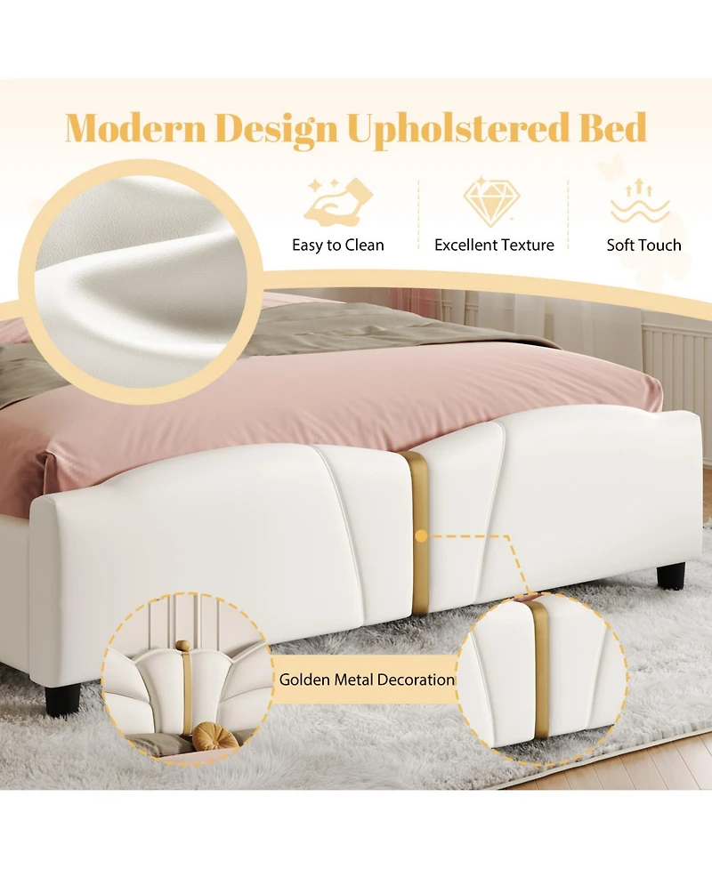 Streamdale Furniture Queen Upholstered Bed Frame, Butterfly Headboard, Gold Accents