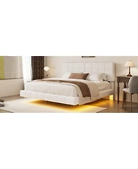 Streamdale Furniture White Boucle Floating Bed with Light,King