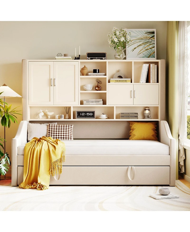 Streamdale Furniture Twin Upholstered Daybed with Led, Storage & Trundle