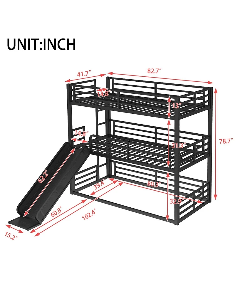 Streamdale Furniture Triple Bunk Bed with Slide, Metal, Heavy-Duty, Black