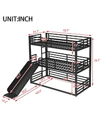 Streamdale Furniture Triple Bunk Bed with Slide, Metal, Heavy-Duty, Black