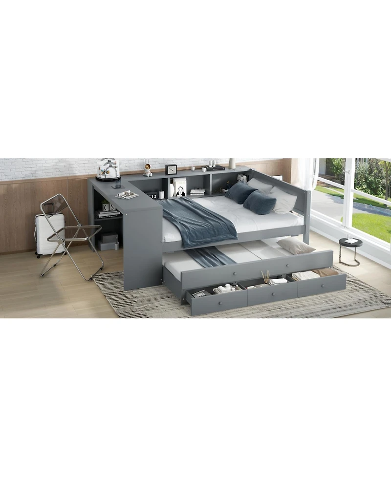 Streamdale Furniture Gray Daybed with Trundle, Storage, Desk & Shelves
