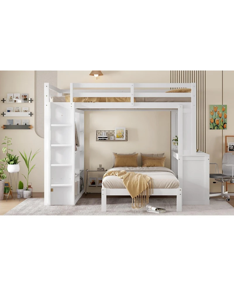 Streamdale Furniture Queen over Twin Bunk Bed with Desk, Shelves & Wardrobe - White