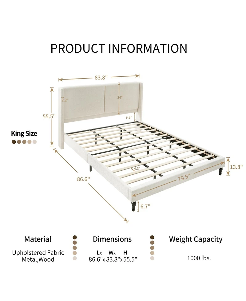 Streamdale Furniture King Size Bed Frame, 55.5" Upholstered Headboard, Boucle Beige