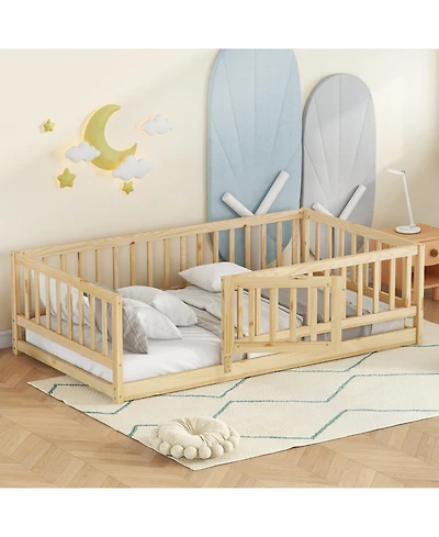 Streamdale Furniture Twin Montessori Floor Bed with Fence & Door - Oak