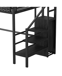 Streamdale Furniture Streamdale Twin/Full Metal Loft Bed with Stairs, Shelves & Wardrobe - Black