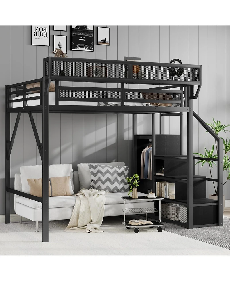 Streamdale Furniture Full Size Metal Loft Bed with Stairs, Storage & Wardrobe - Black