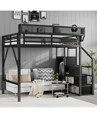 Streamdale Furniture Full Size Metal Loft Bed with Stairs, Storage & Wardrobe - Black