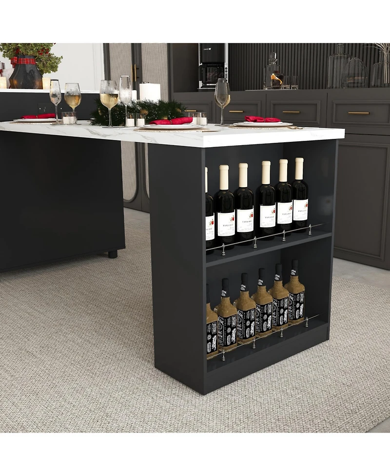 Streamdale Furniture Expandable Kitchen Island, Marble Top, Power Outlet, Storage Cart - Black