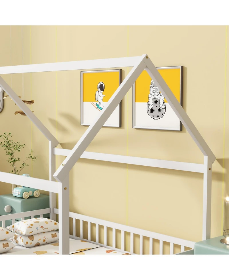 Streamdale Furniture Full Size House Floor Wooden Bed with Roof Frame, Safety Guardrails