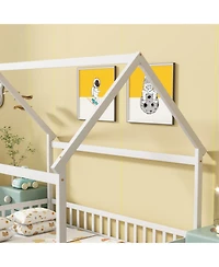 Streamdale Furniture Full Size House Floor Wooden Bed with Roof Frame, Safety Guardrails