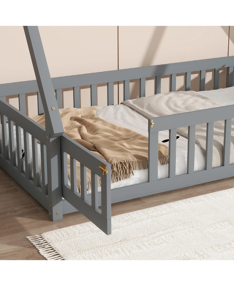 Streamdale Furniture Twin Tent-shaped Floor Bed,Teepee Bed with Guardrails,Slats and Door