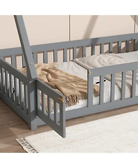 Streamdale Furniture Twin Tent-shaped Floor Bed,Teepee Bed with Guardrails,Slats and Door