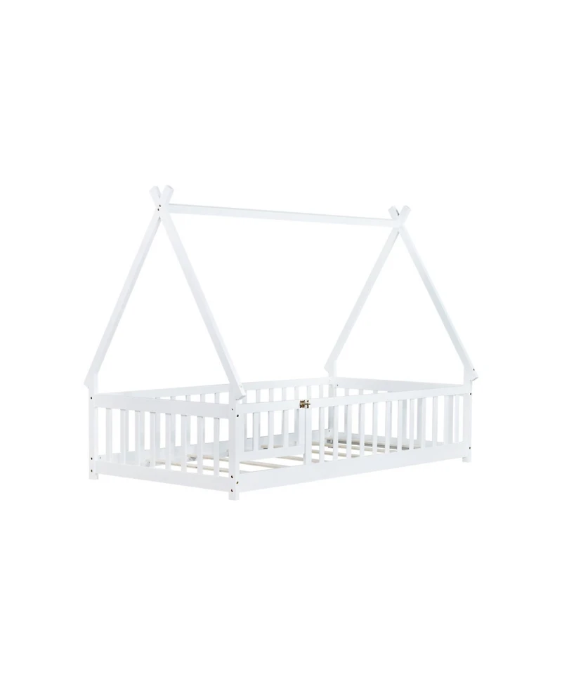 Streamdale Furniture Twin Tent-shaped Floor Bed,Teepee Bed with Guardrails,Slats and Door