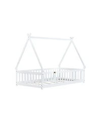 Streamdale Furniture Twin Tent-shaped Floor Bed,Teepee Bed with Guardrails,Slats and Door