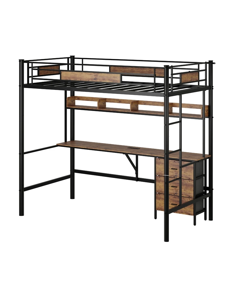 Streamdale Furniture Loft Bed Twin with L-Desk, Charging Station, Drawers & Shelves - Brown