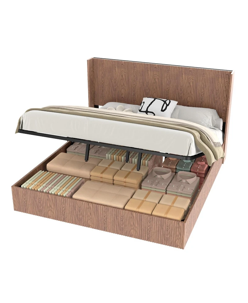 Streamdale Furniture Large grooved undulating lift storage bed frame, rustic brown (King)