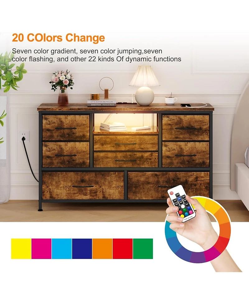 gaomon 8-Drawer Dresser Tv Stand with Led Lights & Charging Station, 55" Entertainment Center Storage, Rustic Brown