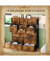gaomon 15-Drawer Modern Tall Dresser, 48" Fabric Storage Chest, Steel Frame, Wood Top, Bedroom, Closet, Living Room