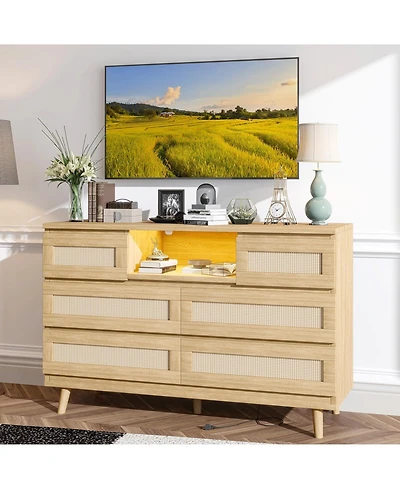 gaomon 6-Drawer Modern Rattan Dresser for Bedroom, Led Dresser with Charging Station, Tv Stand, Closet, Living Room, Hallway
