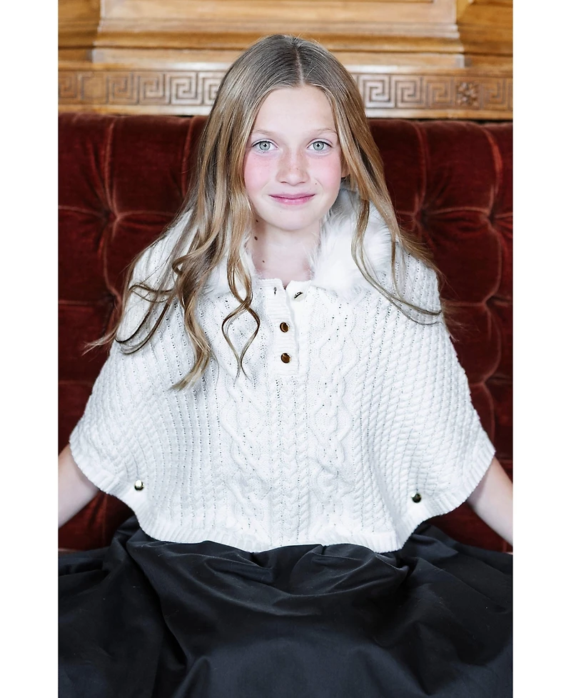 Hope & Henry Girls Organic Cable Sweater Cape with Faux Fur