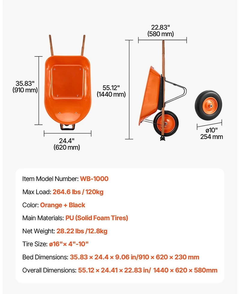Sugift Traditional One-Wheel Wheelbarrow with 5 Cu.Ft Capacity
