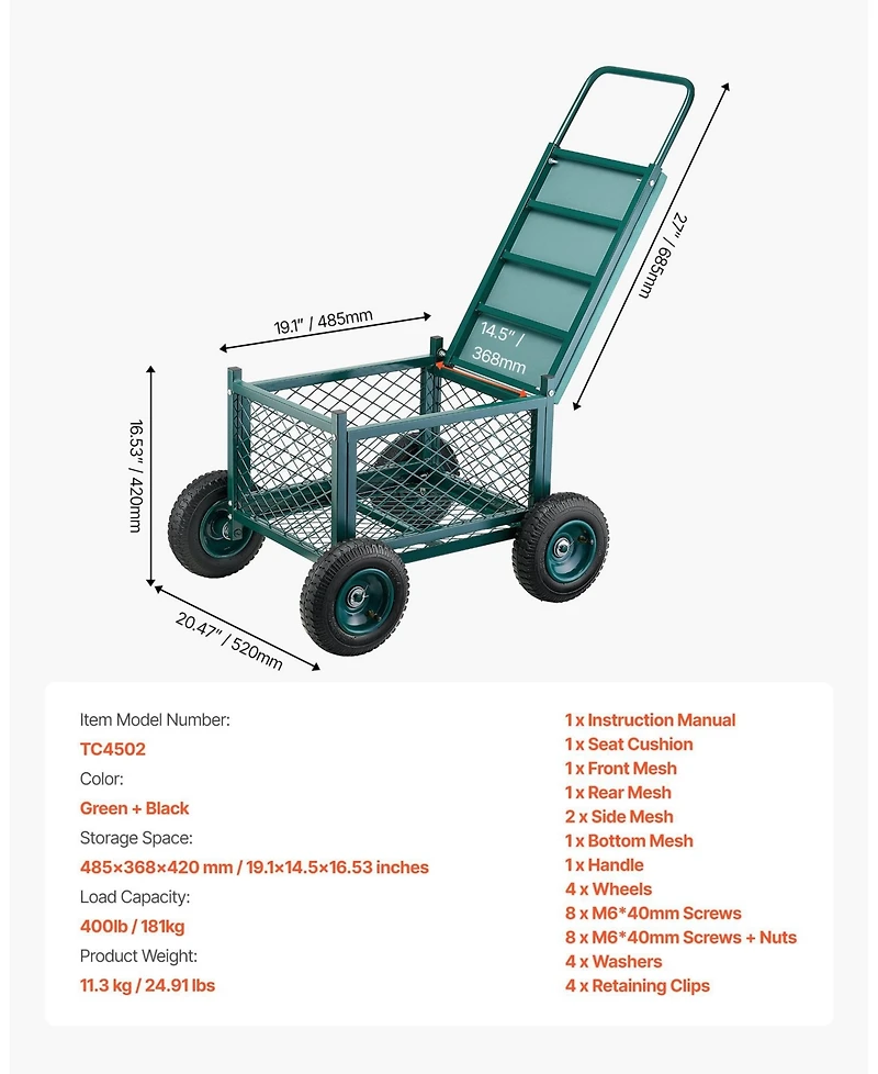 Sugfit Heavy-Duty Metal Rolling Garden Cart with 400 lb Capacity & Large Wheels