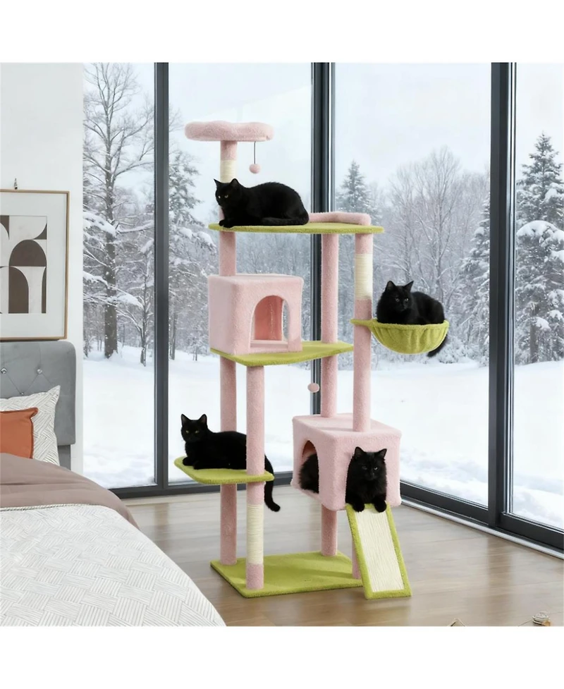 Aostirmotor 74" Flower Cat Tree with Scratching Post & Board in Pink