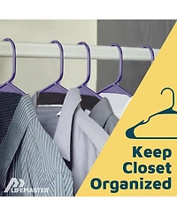 Lifemaster heavy-duty plastic hangers with non-slip grooves, space-saving design, and 5 lb capacity ideal for clothes $ dresses. Pack of 10, purple.