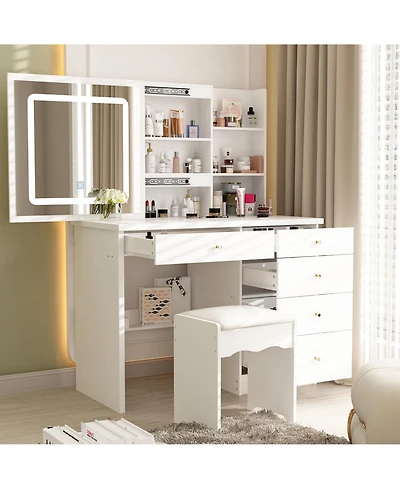 Famapy 5-Drawers White Makeup Vanity Sets Dressing Table Sets with Led Dimmable Mirror, Stool and 3-Tier Storage Shelves