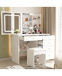 Famapy 5-Drawers White Makeup Vanity Sets Dressing Table Sets with Led Dimmable Mirror, Stool and 3-Tier Storage Shelves