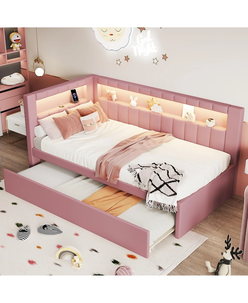 Lovmor Upholstered Twin Size Platform Bed with Usb Ports and Led Belt With Trundle Pink