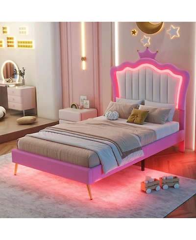 Lovmor Twin Upholstered Bed with Led Lights & Crown Headboard, Pink/White Princess Style