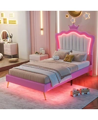 Lovmor Twin Upholstered Bed with Led Lights & Crown Headboard, Pink/White Princess Style